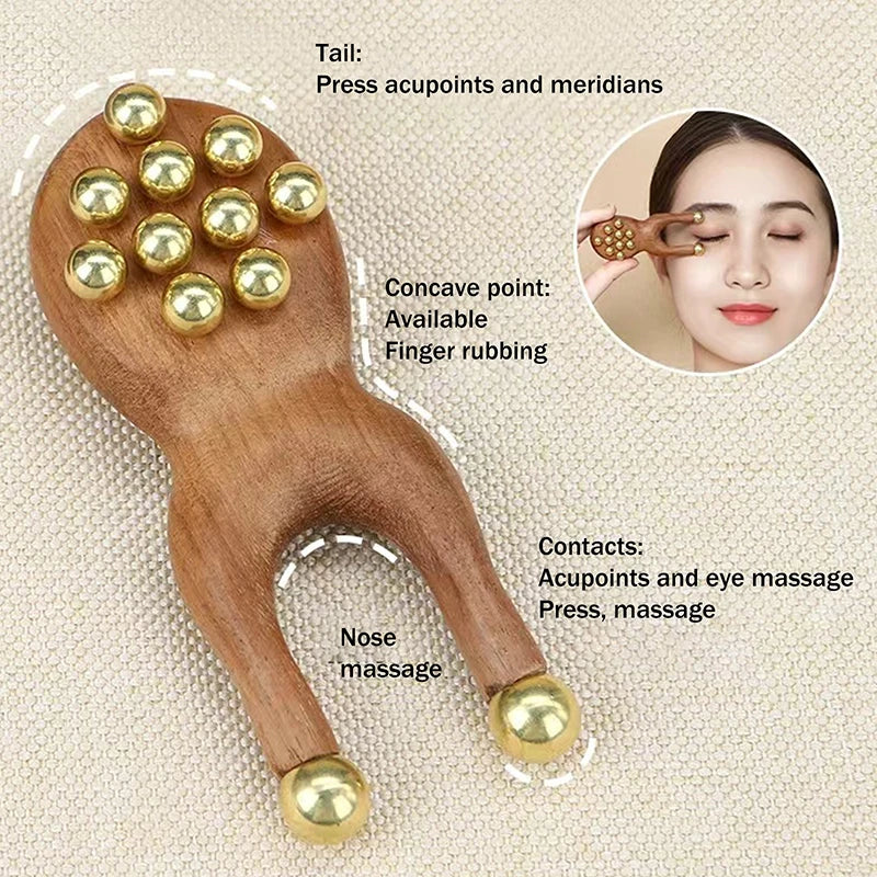 Wooden Nose Guasha Massage Tool Brass Bead Handheld Comb Antistatic For Face Nose Eye Relaxation Spot Meridians Acupoint