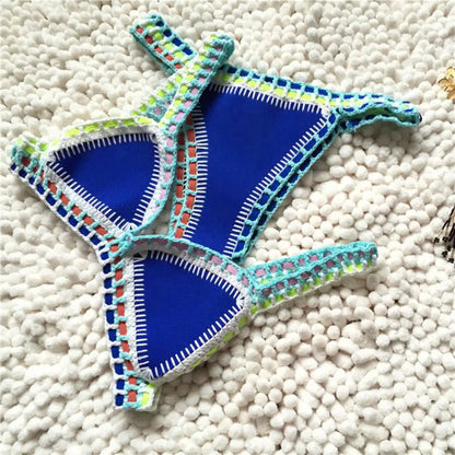 Women Bright Patchwork Crochet Bikini Set Handmade 2 Piece Summer Swimwear