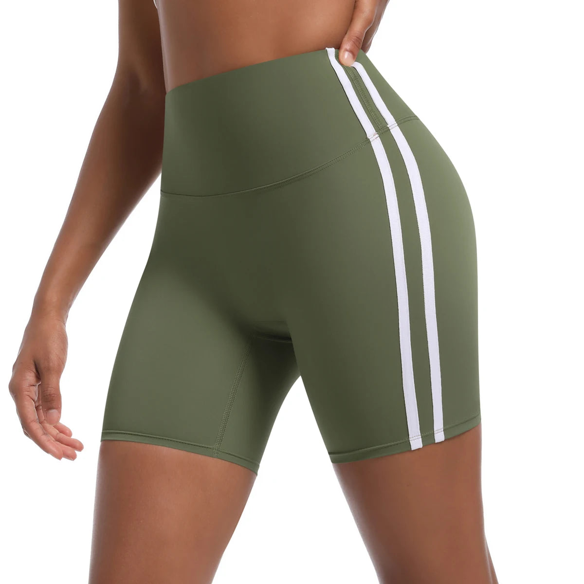 Women High Waist Yoga Shorts Double Stripe Gym Fitness Tummy Control Pants