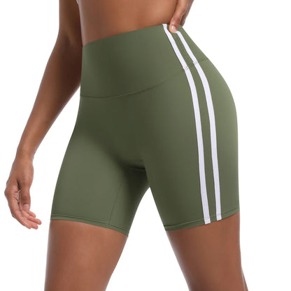 Women High Waist Yoga Shorts Double Stripe Gym Fitness Tummy Control Pants