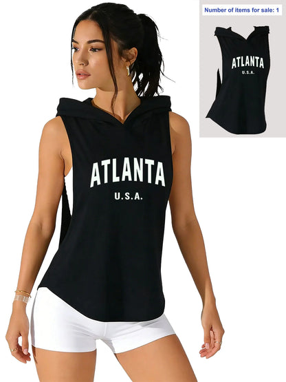 Women Sleeveless Hoodie Atlanta USA Tank Top Loose Side Split Casual Vest TikTok