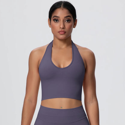 Women Backless Halter Sports Bra Naked Feel Yoga Gym Workout Crop Top