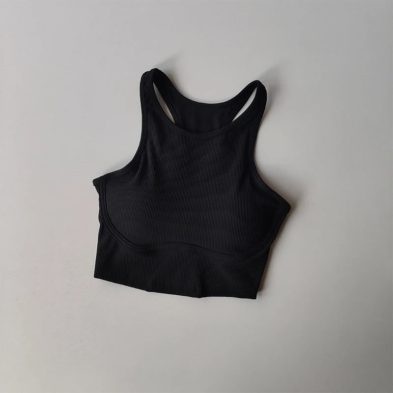 Womens Ribbed Sports Bra High Impact Padded Gym Running Yoga Fitness Top