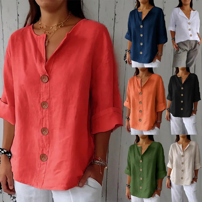 Women V Neck Button Shirt Cotton Linen Summer Loose Casual Office Top