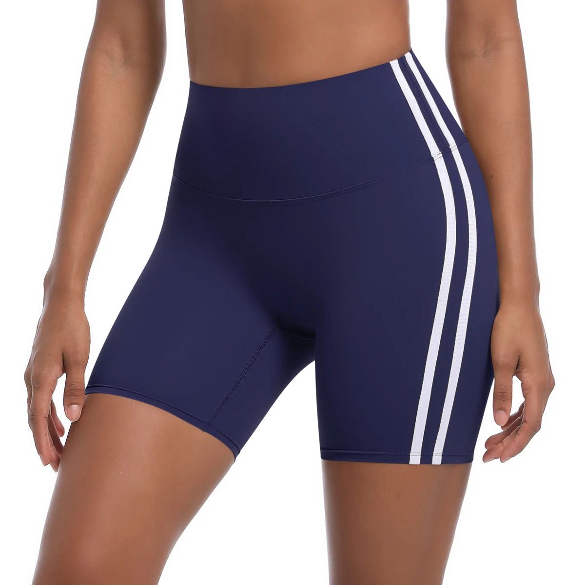 Women High Waist Yoga Shorts Double Stripe Gym Fitness Tummy Control Pants