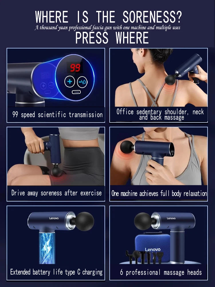 Lenovo Mini Massage Gun | 6 Heads Deep Tissue Fascia Gun with 5 Speeds Silent Massager