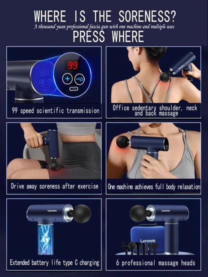 Lenovo Mini Massage Gun | 6 Heads Deep Tissue Fascia Gun with 5 Speeds Silent Massager