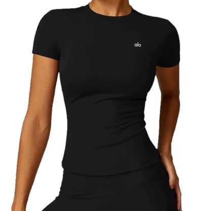 ALO YOGA Women's Yoga Clothing for Pilates Fitness Training Short-Sleeved Low-Cut Tight-Fitting Quick-Drying Running and Sports
