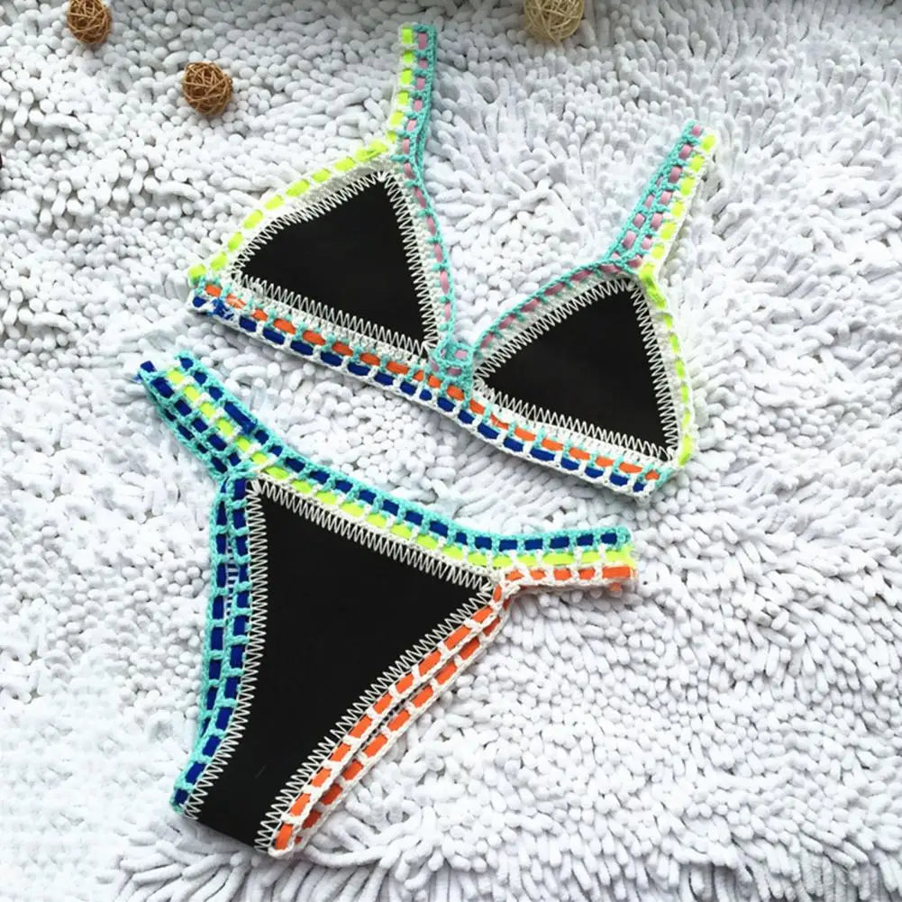 Women Bright Patchwork Crochet Bikini Set Handmade 2 Piece Summer Swimwear