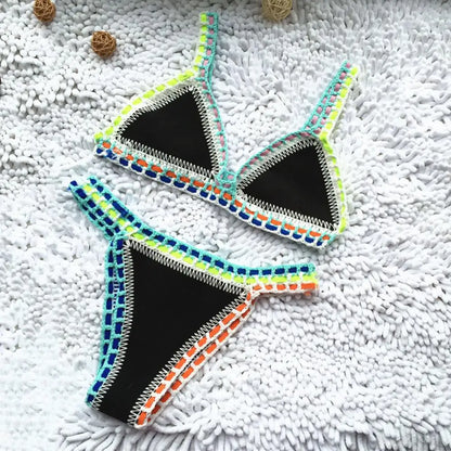 Women Bright Patchwork Crochet Bikini Set Handmade 2 Piece Summer Swimwear