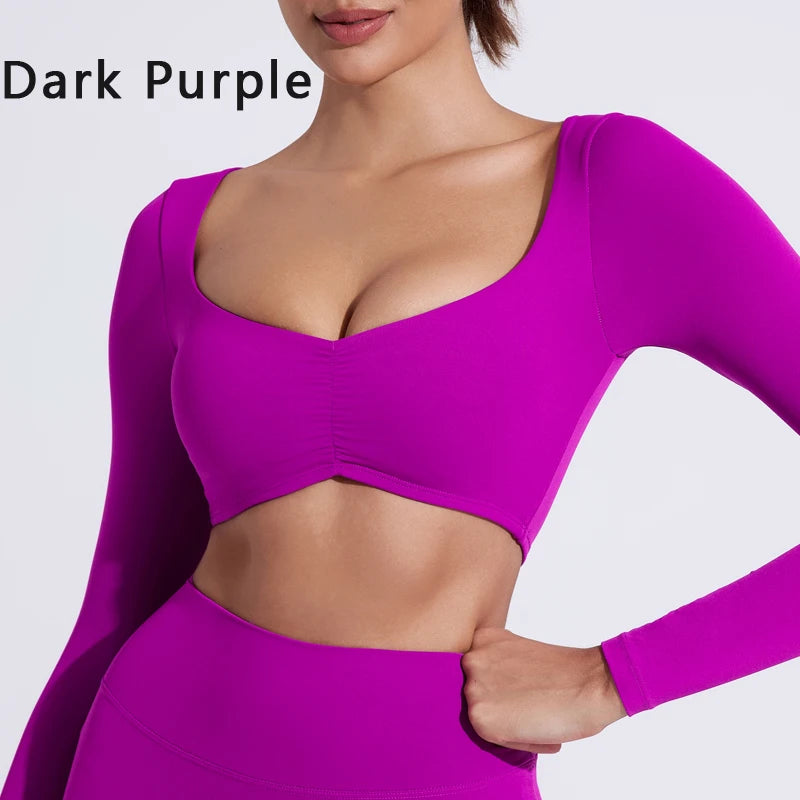 Women Gym Top Long Sleeve Nylon Yoga Shirt Tight Sports Fitness Top