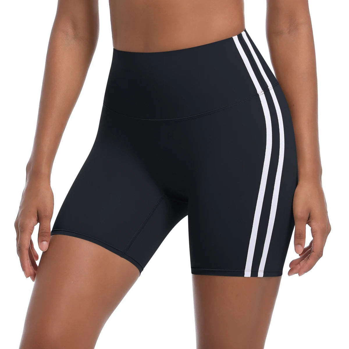 Women High Waist Yoga Shorts Double Stripe Gym Fitness Tummy Control Pants