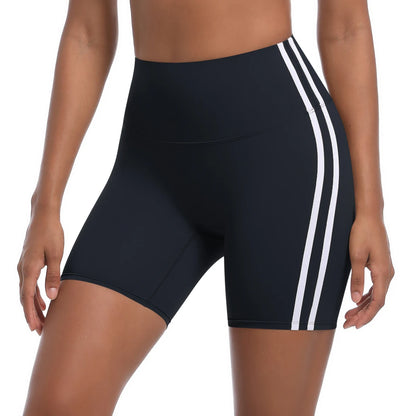Women High Waist Yoga Shorts Double Stripe Gym Fitness Tummy Control Pants