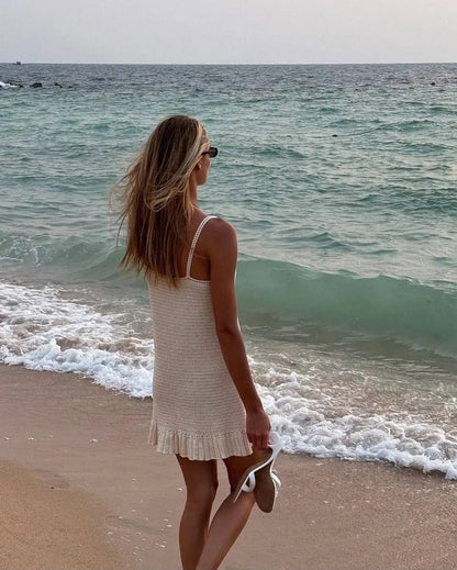 Women’s Crochet Halter Mini Dress Ruffle Knit Summer Beach Dress