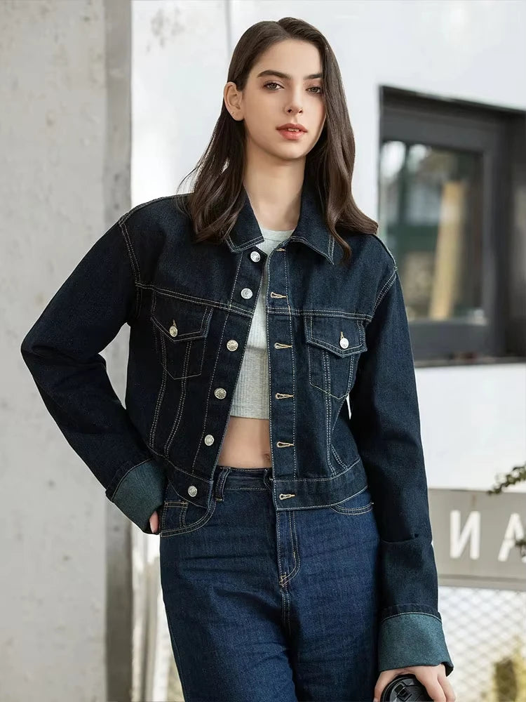 HH Women Denim Set Crop Jacket Wide Leg Jeans Vintage 2 Piece Outfit