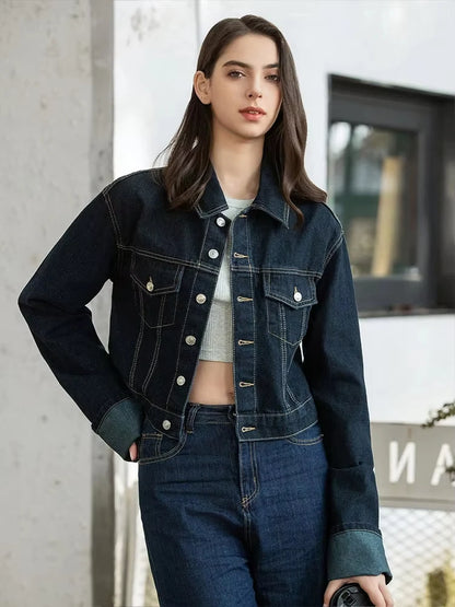 HH Women Denim Set Crop Jacket Wide Leg Jeans Vintage 2 Piece Outfit