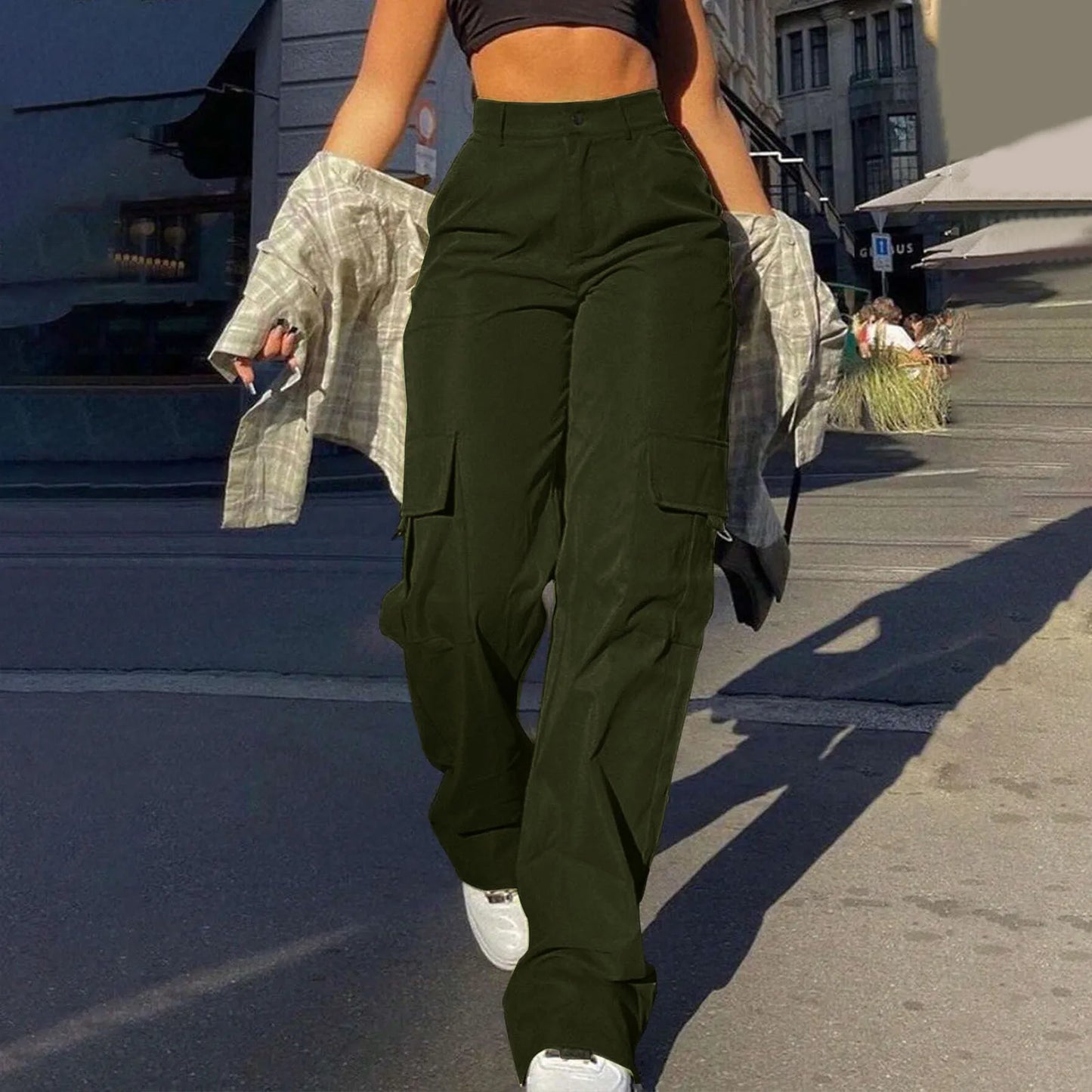 Women Loose Cargo Pants High Waist Wide Leg Trousers Pockets Casual Full Length