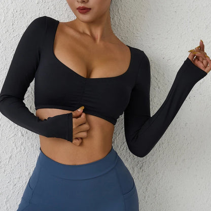 Women Gym Top Long Sleeve Nylon Yoga Shirt Tight Sports Fitness Top