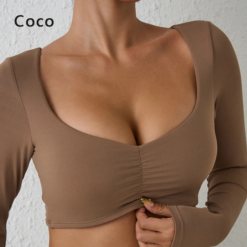 Women Gym Top Long Sleeve Nylon Yoga Shirt Tight Sports Fitness Top