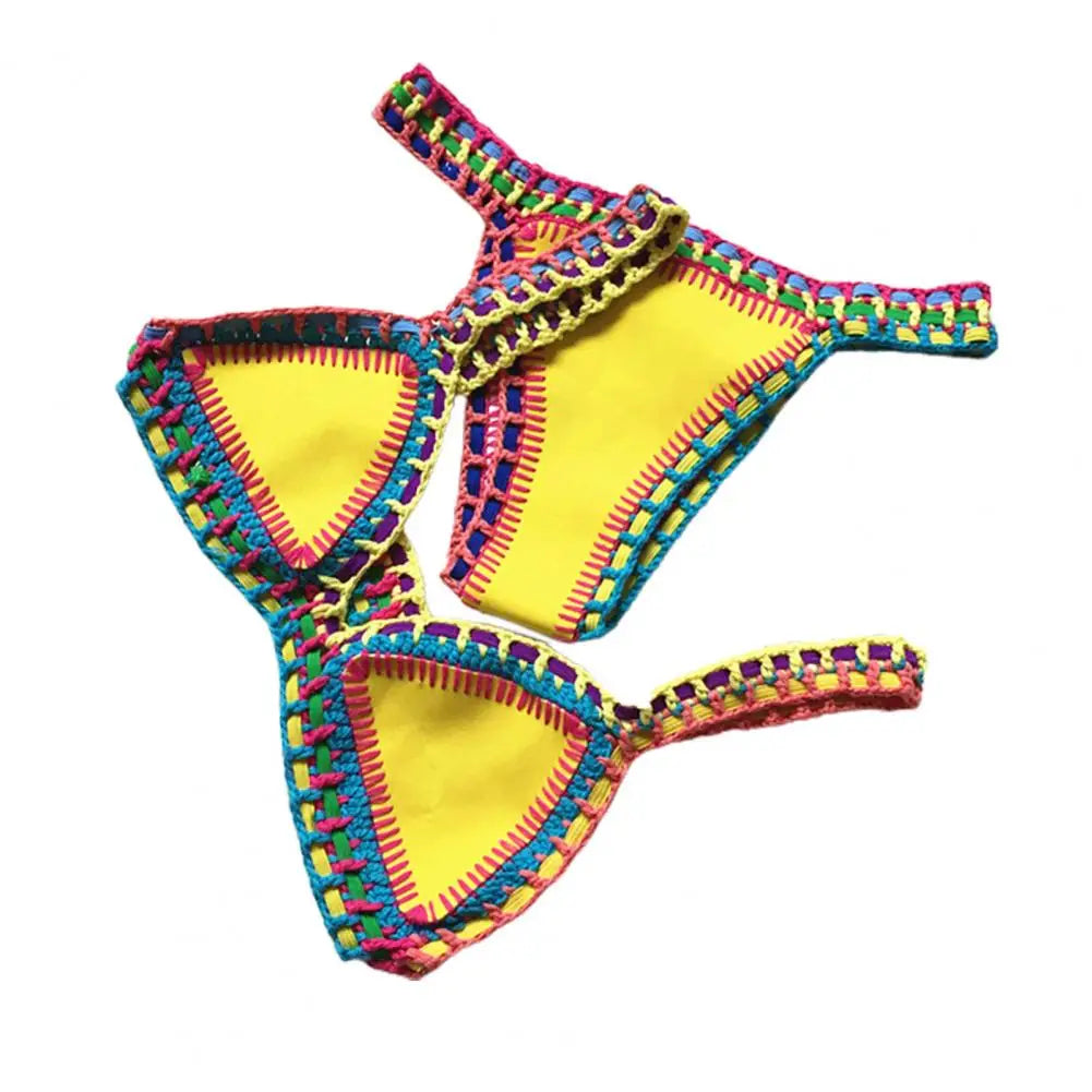 Women Bright Patchwork Crochet Bikini Set Handmade 2 Piece Summer Swimwear