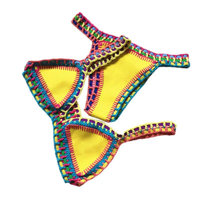 Women Bright Patchwork Crochet Bikini Set Handmade 2 Piece Summer Swimwear