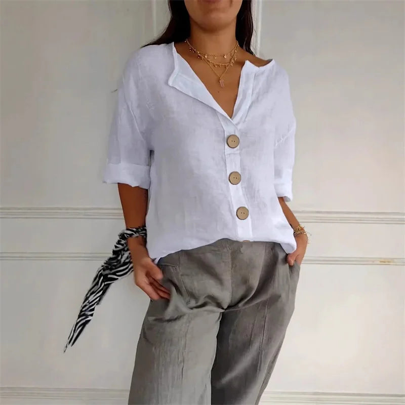 Women V Neck Button Shirt Cotton Linen Summer Loose Casual Office Top