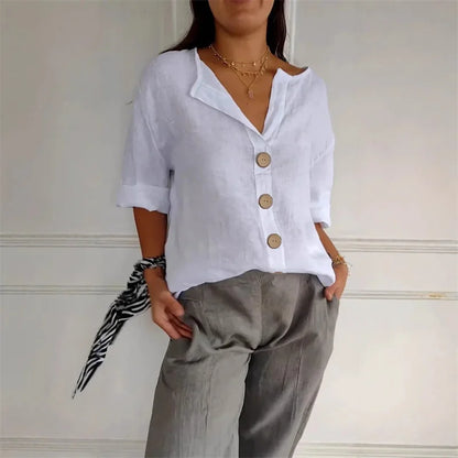 Women V Neck Button Shirt Cotton Linen Summer Loose Casual Office Top
