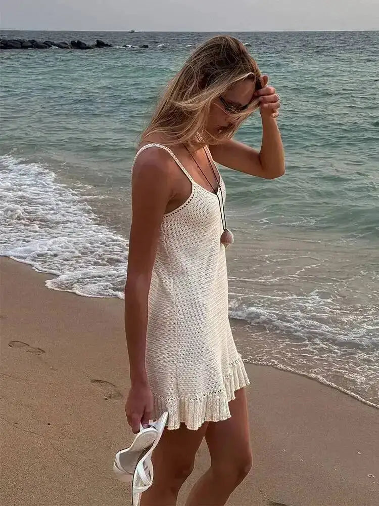 Women’s Crochet Halter Mini Dress Ruffle Knit Summer Beach Dress