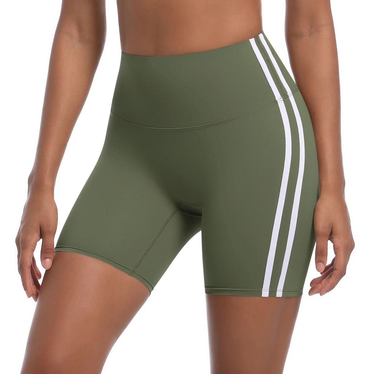 Women High Waist Yoga Shorts Double Stripe Gym Fitness Tummy Control Pants