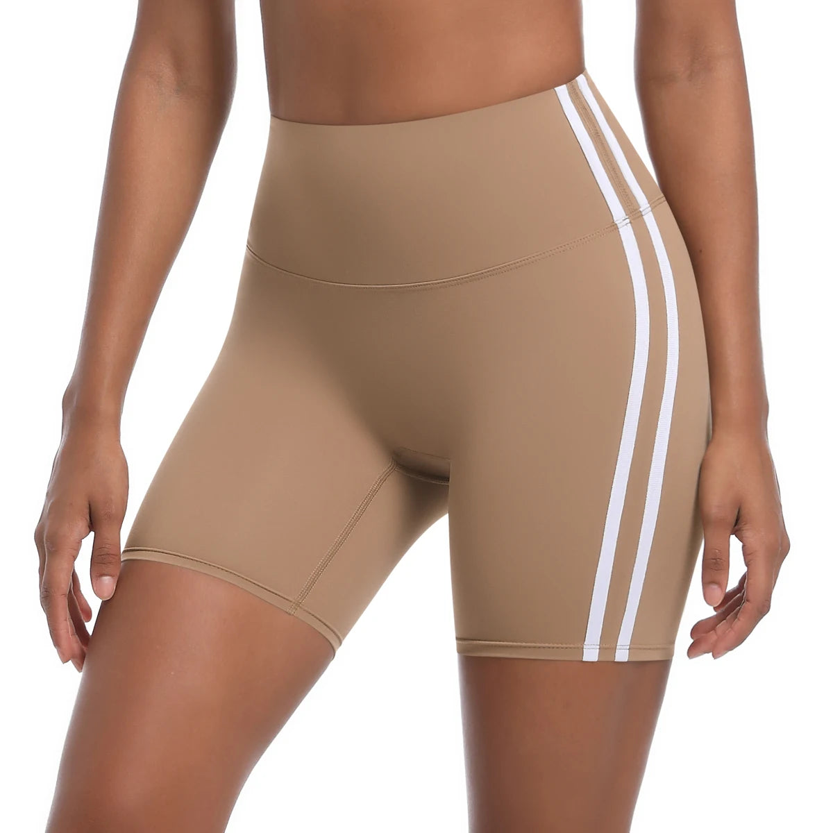 Women High Waist Yoga Shorts Double Stripe Gym Fitness Tummy Control Pants