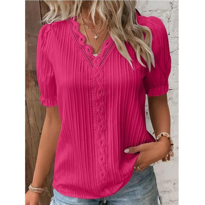 Women V Neck Hollow Top Summer Loose Short Sleeve Plus Size Blouse 2026