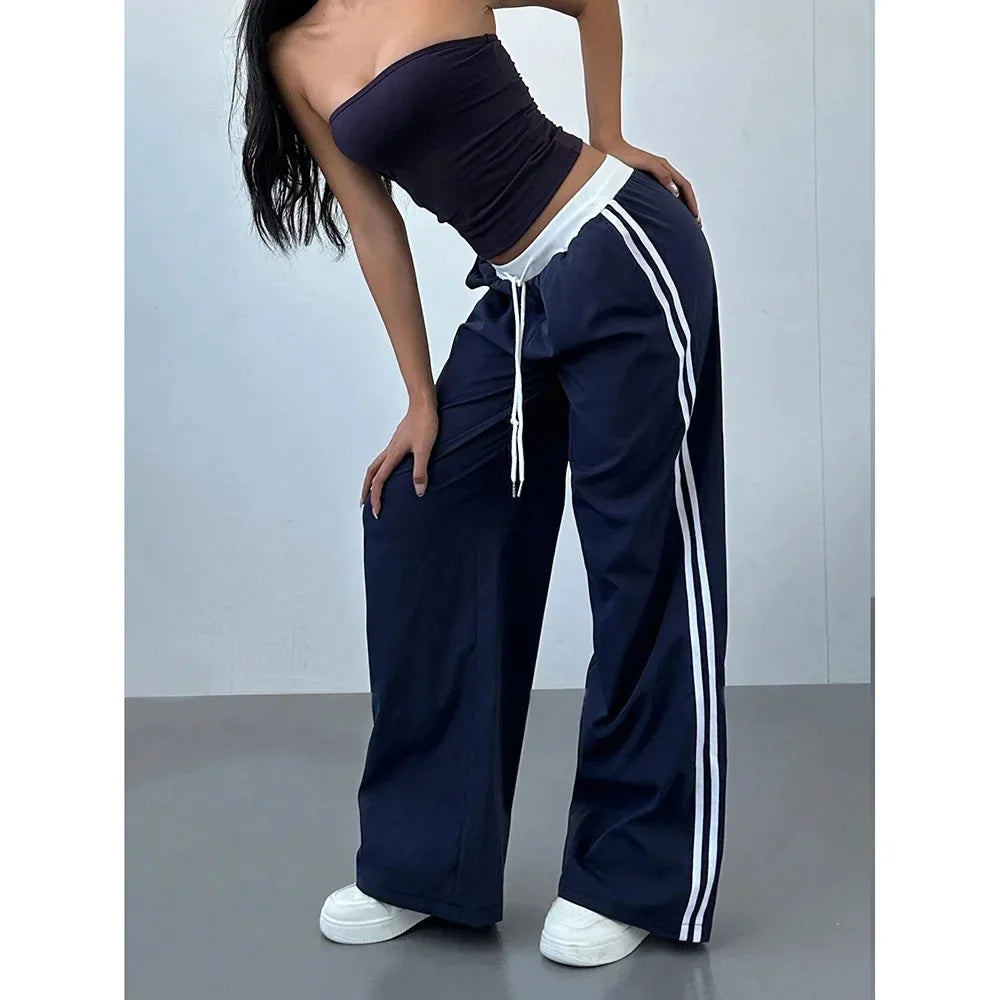 Women Striped Casual Pants Loose Tie Waist Color Block Street Style Plus Size