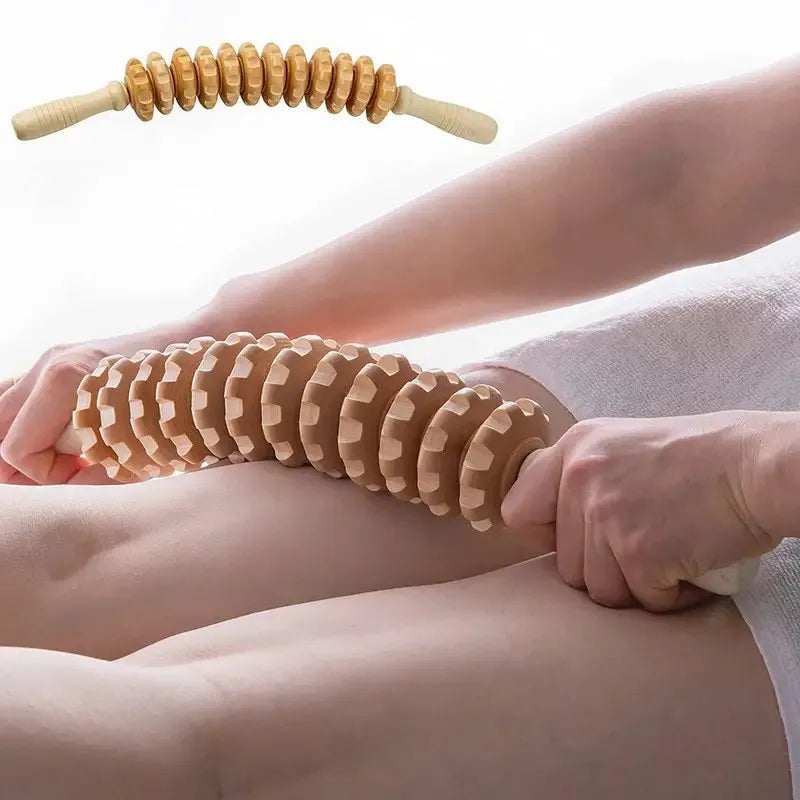 Wooden Body Fascia Massager Roller with Anti-Slip Handle