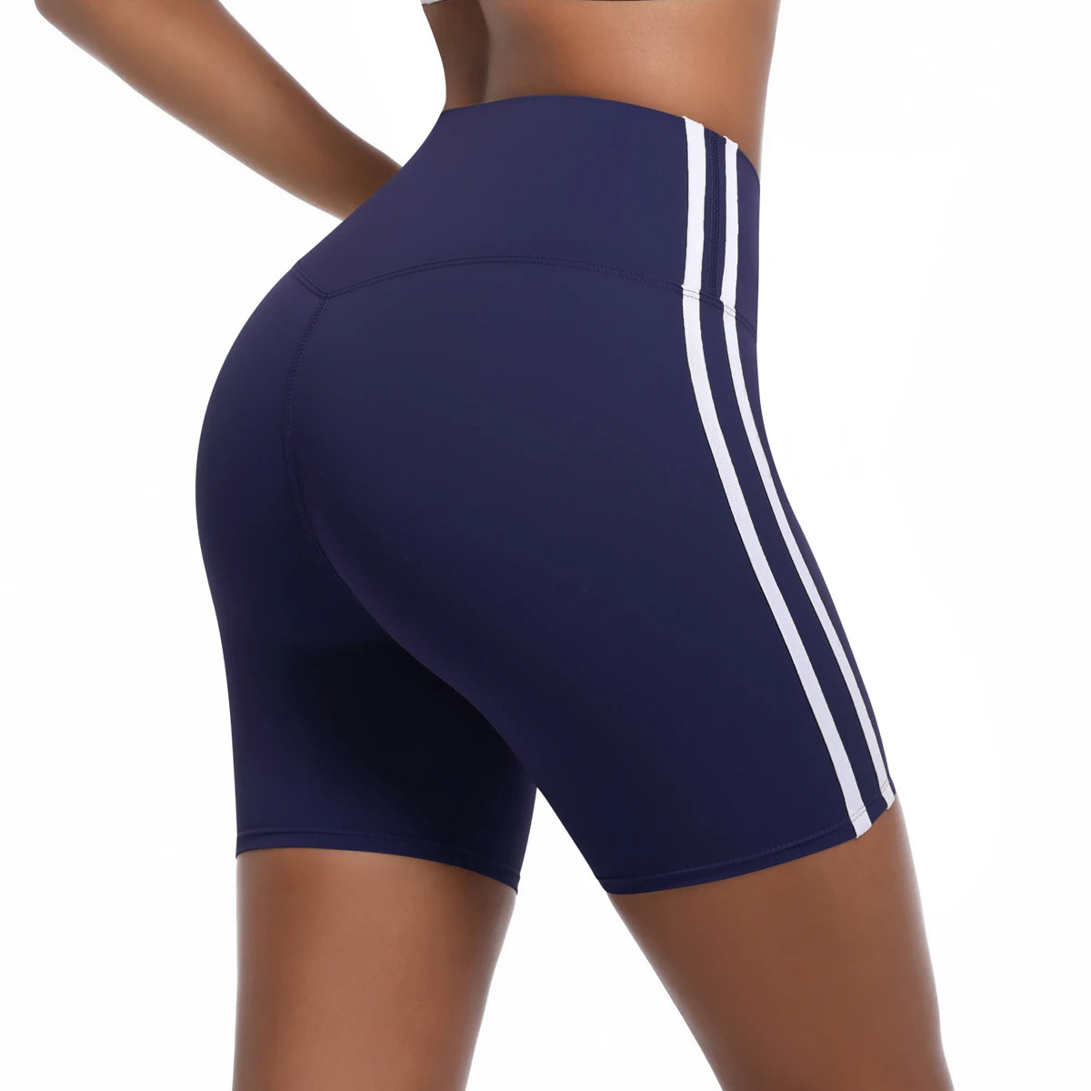 Women High Waist Yoga Shorts Double Stripe Gym Fitness Tummy Control Pants