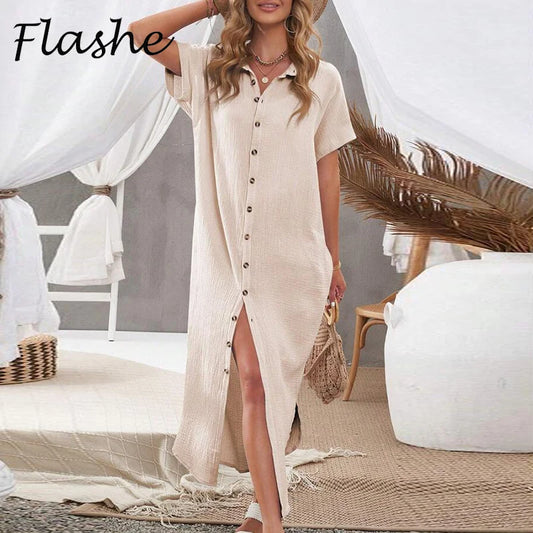 Womens Boho Shirt Dress Summer Short Sleeve Button Casual Holiday Dress