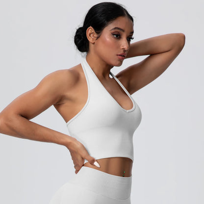 Women Backless Halter Sports Bra Naked Feel Yoga Gym Workout Crop Top
