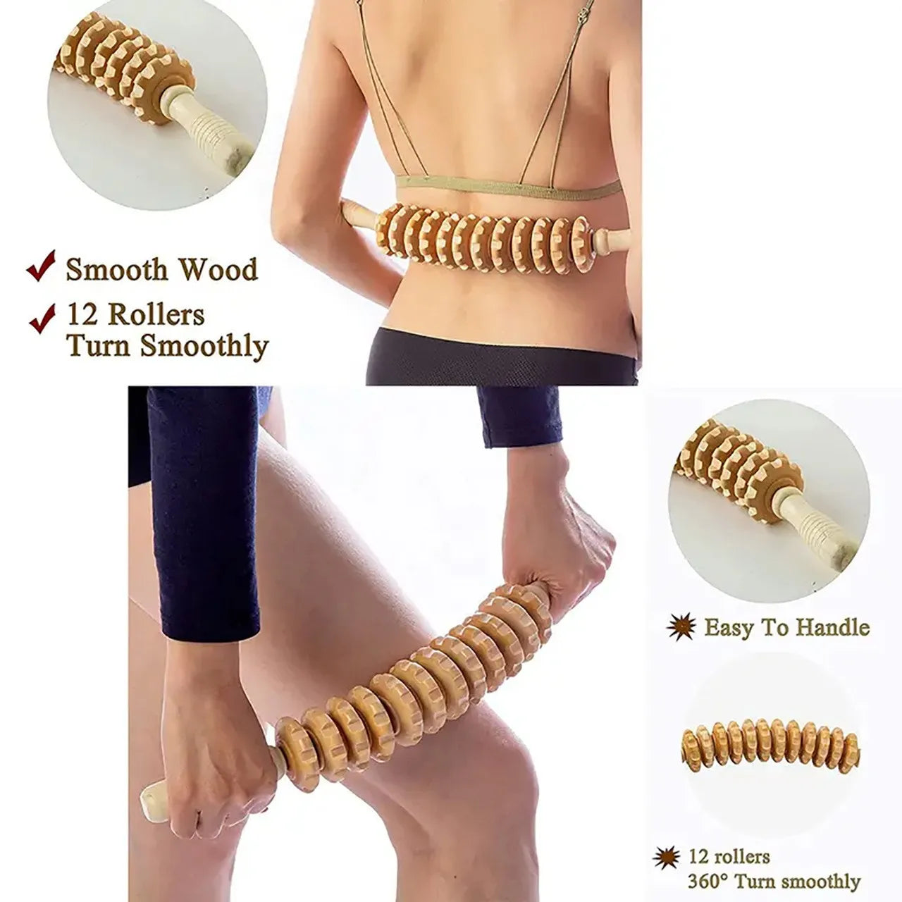 Wooden Body Fascia Massager Roller with Anti-Slip Handle