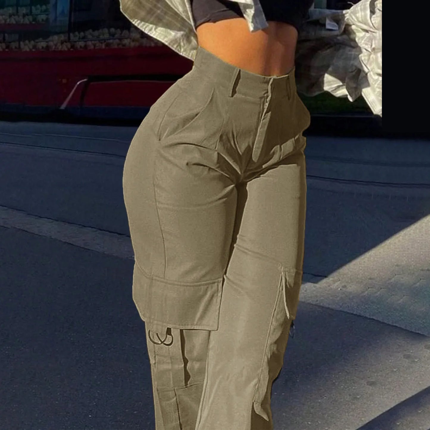 Women Loose Cargo Pants High Waist Wide Leg Trousers Pockets Casual Full Length