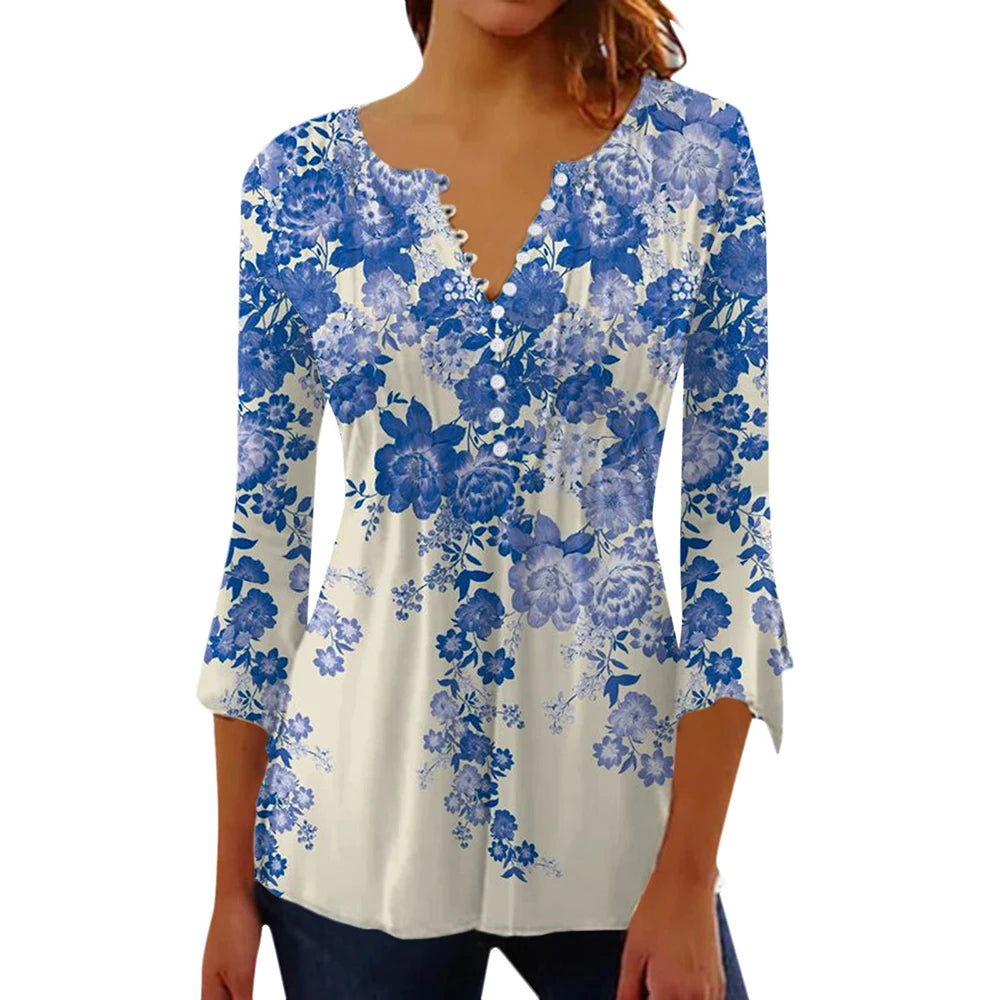 Women Floral V Neck T Shirt Summer Short Sleeve Casual Streetwear Top Holiday