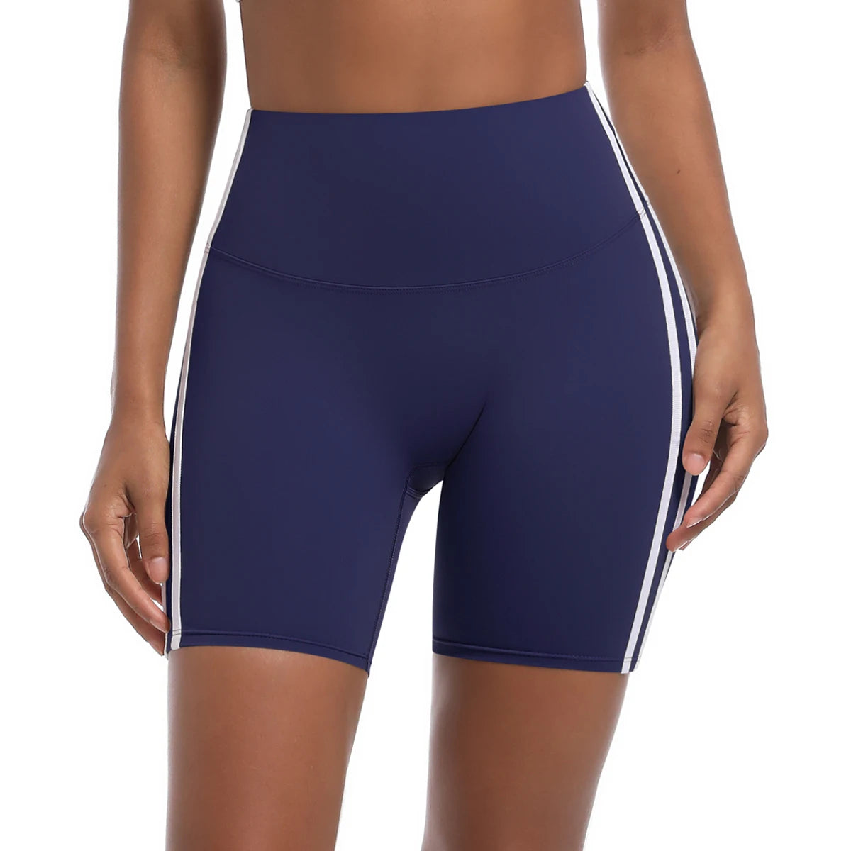 Women High Waist Yoga Shorts Double Stripe Gym Fitness Tummy Control Pants