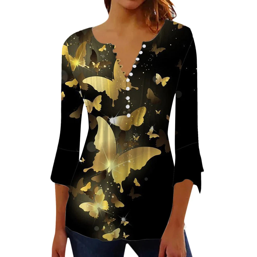 Women Floral V Neck T Shirt Summer Short Sleeve Casual Streetwear Top Holiday