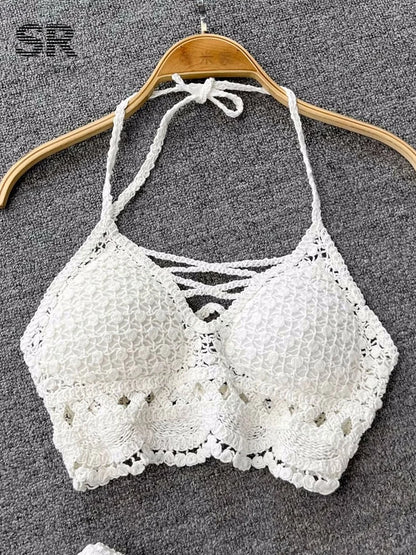 Women Crochet Two Piece Set Summer Y2K Beach Backless Cami Shorts