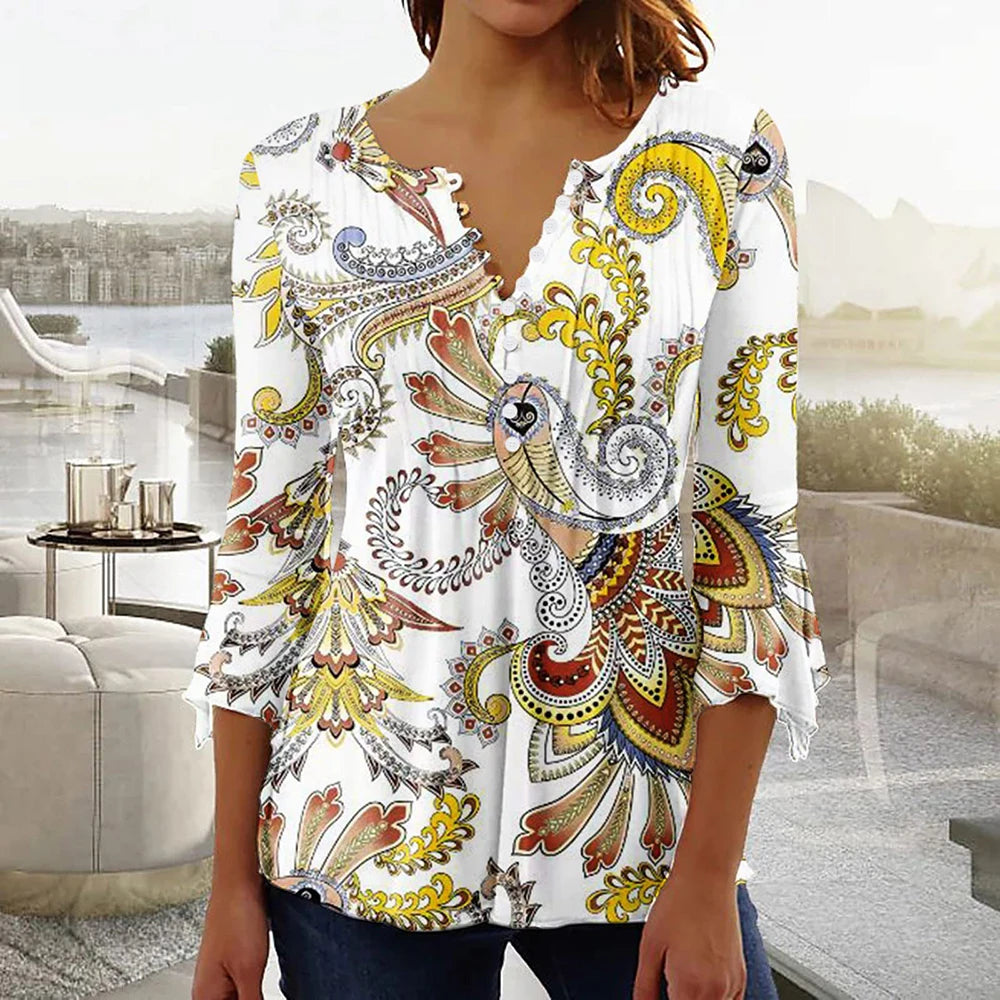 Women Floral V Neck T Shirt Summer Short Sleeve Casual Streetwear Top Holiday