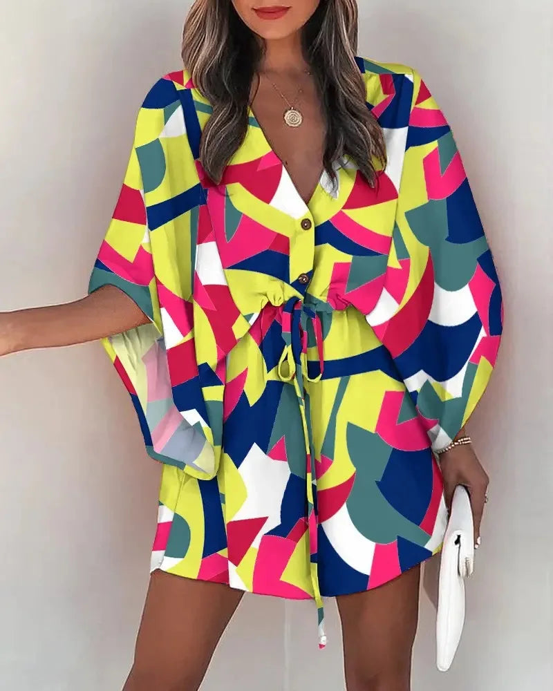 Women Floral Boho Mini Dress V Neck Bat Sleeve Summer Beach Loose Sundress