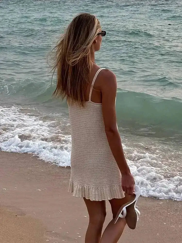 Women’s Crochet Halter Mini Dress Ruffle Knit Summer Beach Dress