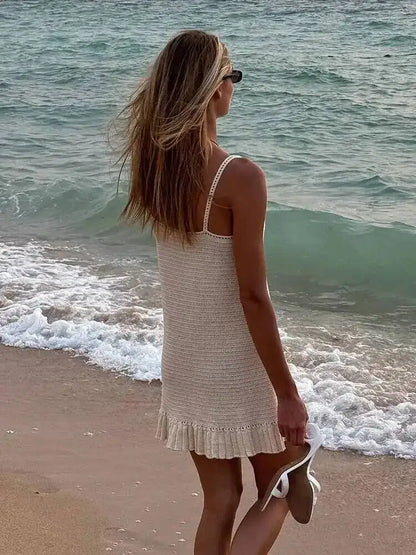 Women’s Crochet Halter Mini Dress Ruffle Knit Summer Beach Dress