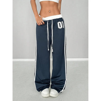 Women Striped Casual Pants Loose Tie Waist Color Block Street Style Plus Size
