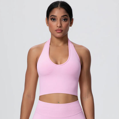 Women Backless Halter Sports Bra Naked Feel Yoga Gym Workout Crop Top