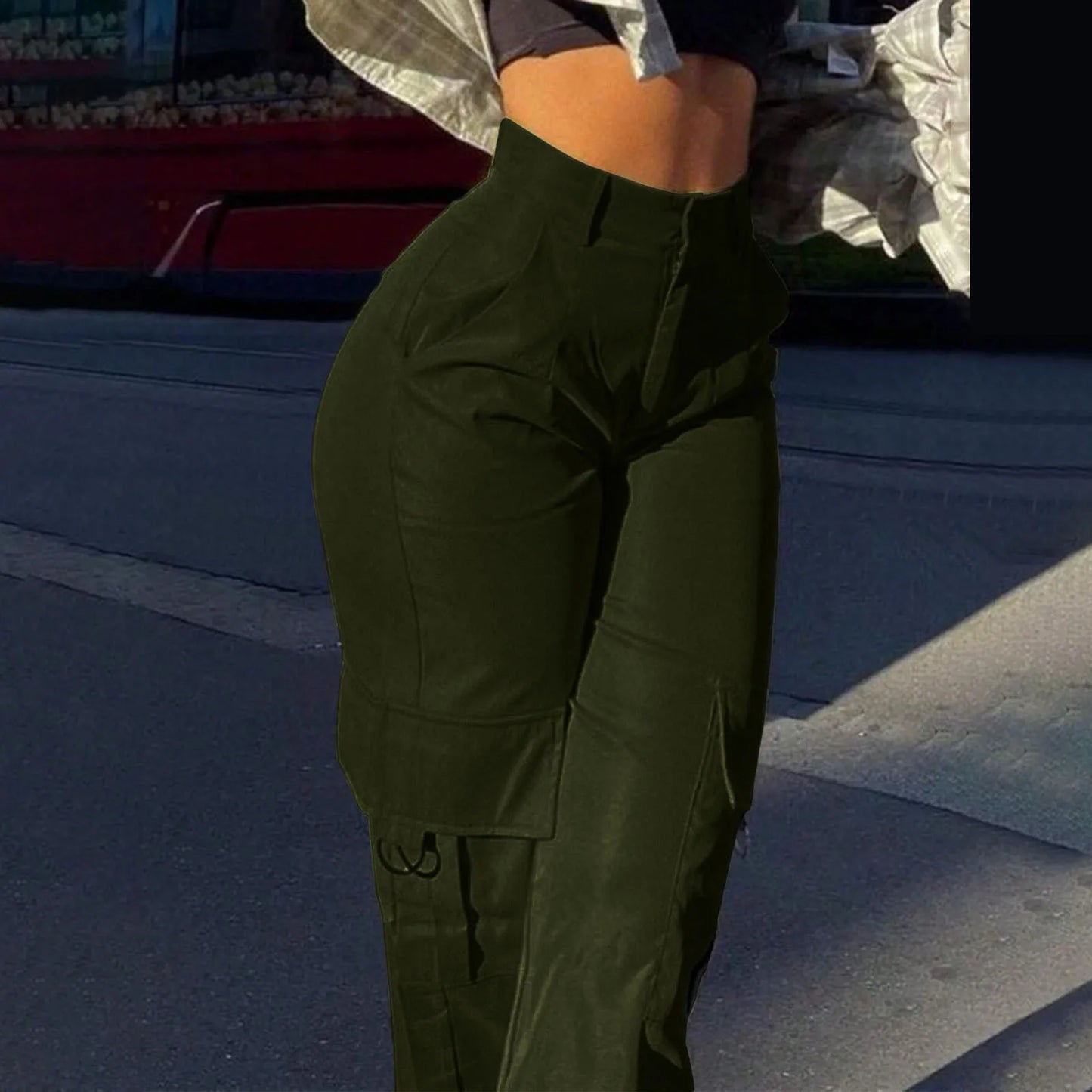 Women Loose Cargo Pants High Waist Wide Leg Trousers Pockets Casual Full Length