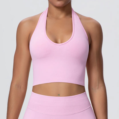 Women Backless Halter Sports Bra Naked Feel Yoga Gym Workout Crop Top